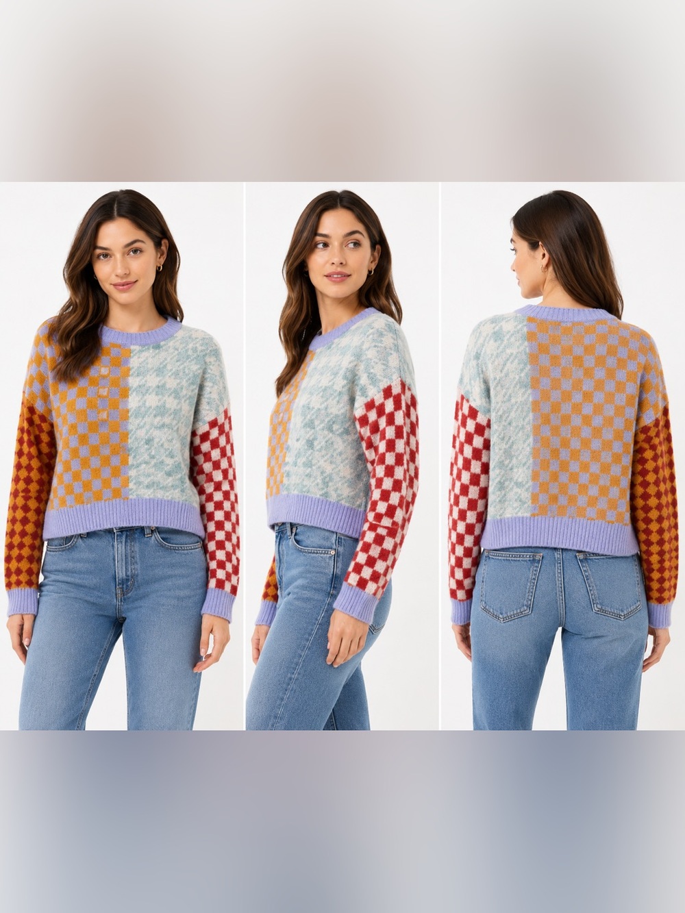 Dreamers Colorblocked Checkered Crewneck Sweater - Lavender, Mint, Red & Mustard